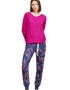 Jeannette 7735, Γυναικεία Χειμωνιάτικη Πυζάμα με εμπριμέ παντελόνι και μονόχρωμο μπλουζάκι, ΜΩΒ